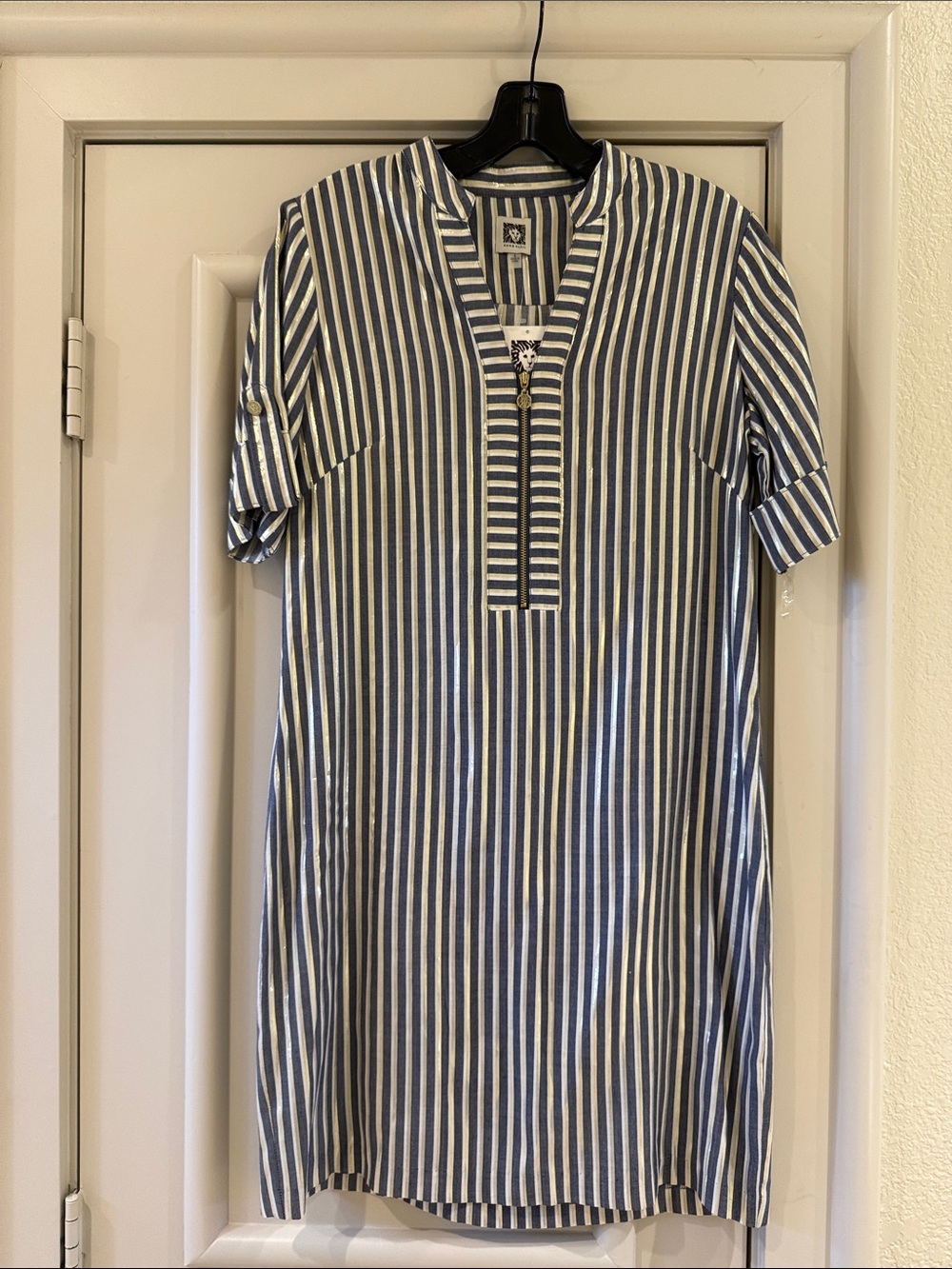Anne Klein Blue and White Vertical Stripe Short Sleeve Shirt